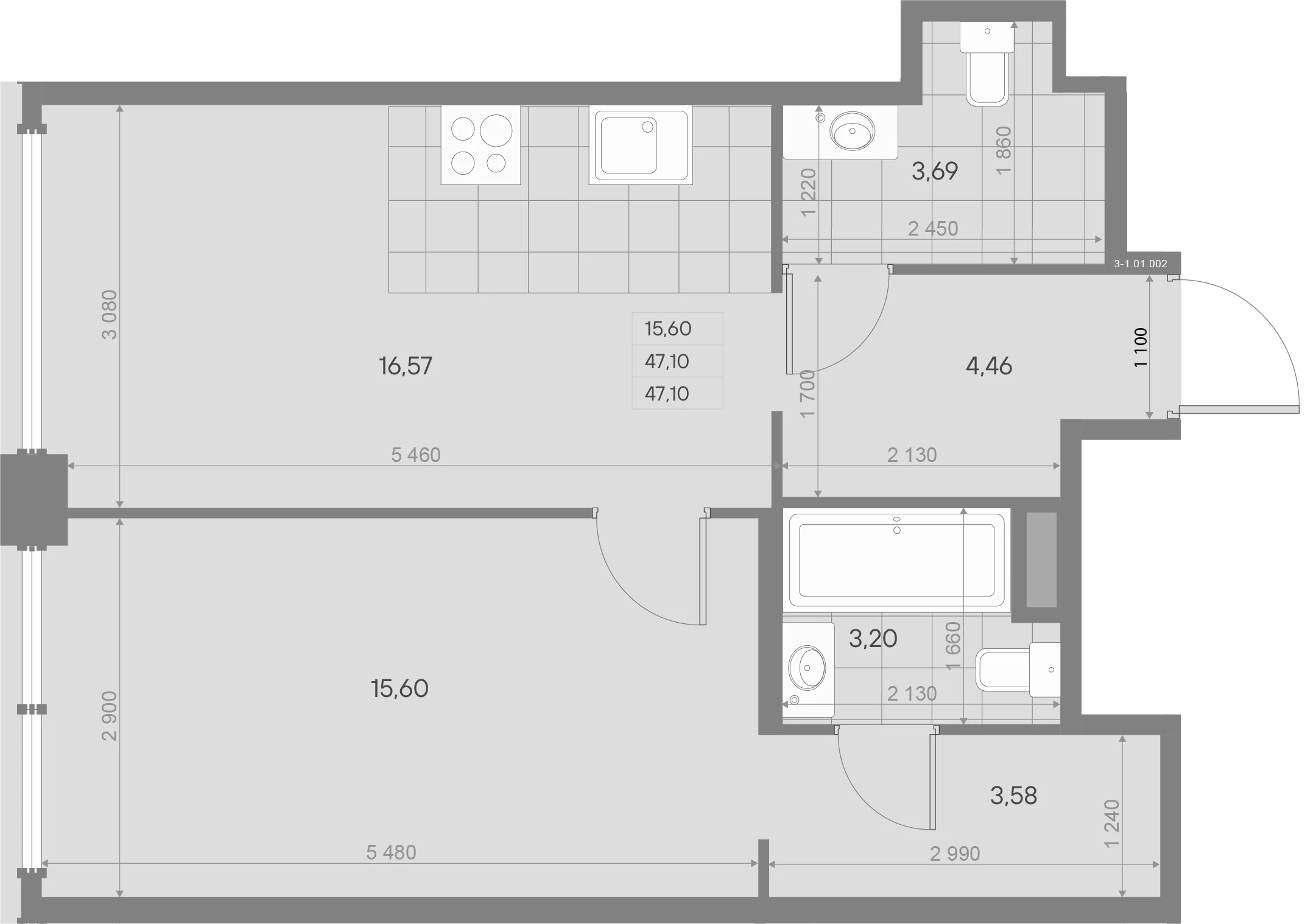 Планировка 1-комнатная 46,4 м² в ЖК «AVANT Баланс» — AVANT Баланс (Balance)