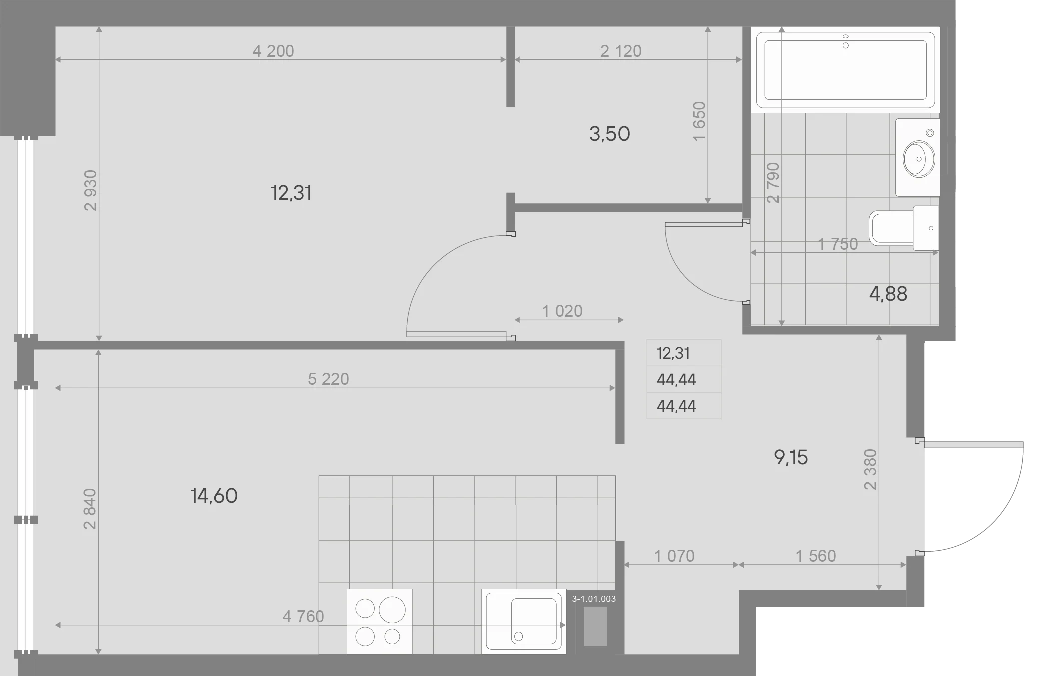 Планировка 1-комнатная 44,2 м² в ЖК «AVANT Баланс» — AVANT Баланс (Balance)